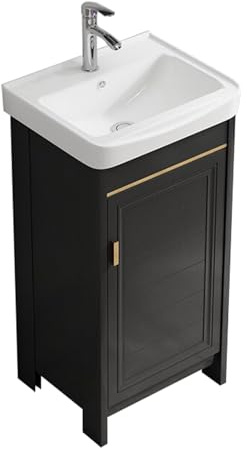 TYMYW Waschtisch Stehend mit Unterschrank und Füßen mit Puffer Scharnier Waschbeckenunterschrank mit Becken und Wasserhahn,Schwarz,43Cm