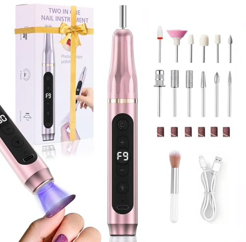 XunmotorYao Fresa per Unghie 12 in 1 Kit Professionale 20000RPM Elettrica Fresa Unghie Elocità Regolabil Lima Lampada Unghie LED UV 2 in 1 Rosa