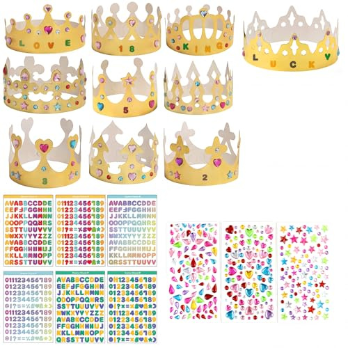 Xvbhaq 20 Stück Papier Kronen, Partyhüte mit 3 Blatt Strasssticker & 6 Blatt Alphanumerische Aufkleber, Geburtstagskrone für Prinzessin Prinz Königin, Geburtstagsparty Dekoration