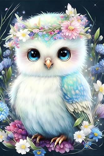 Picmondoo Diamond Painting - 30x45cm - Eule im Blumenmeer | quadratische Harzsteine, AB-Steine, Strass- & Metallicfarben, klares Raster, Stift, Wachs & Schale für entspanntes DIY