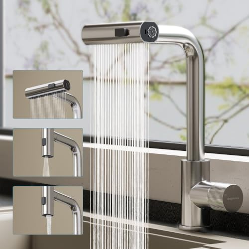 doporro Wasserhahn Küche ausziehbar, Küchenarmatur Silber mit Wasserfall | Hochdruck Armatur Küche mit Brause, 3 Strahlarten, 360 Grad drehbar, Spültischarmatur Küche aus 304 Edelstahl Turnix-02