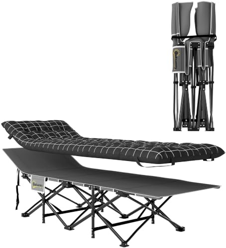 Outsunny Lit de Camping Pliable avec Matelas 150 kg 190 x 67 x 37 cm Noir | Lit de Camp Pliant, Pochette Latérale et Sac Intégré, Transat Chaise Longue, Métal et Tissu Oxford, 1 Personne