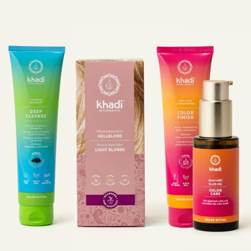 khadi ColorCycle RUBIO CLARO Kit completo - Tinte vegetal para el cabello + DEEP CLEANSE Champú clarificante ayurvédico + COLOR FINISH Acondicionador para después del tinte + Aceite capilar COLOR CARE