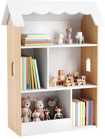 COSTWAY Libreria Montessoriana per Bambini a Forma di Casetta, Scaffale Portagiochi in Legno con 5 Scomparti, Tetto e Finestre, Porta Libri per Cameretta e Asilo Nido, 3+ Anni, 70 x 33 x 92 cm