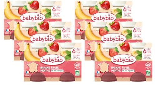 Babybio - Petits Pots Banane Fraise Menthe 2x130 g - PACK de 6 - 6 Mois - BIO