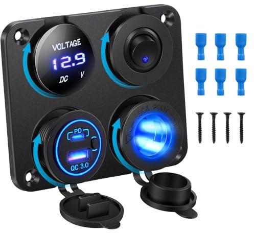Kohree 4 in 1 12V Steckdose USB C Mit Einzelschalter, 12 Volt Steckdose Wohnmobil USB Type C mit LED Voltmeter, ON/OFF Schalter, Zigarettenanzünder Panel für Auto, Boot, Wohnmobil, Truck, GPS, LKW