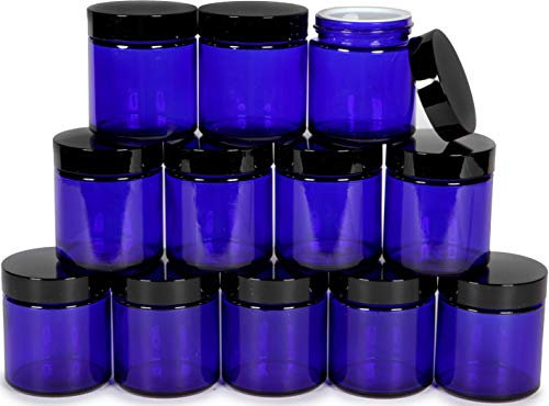 Vivaplex Lot de 12 bocaux ronds en verre avec doublure intérieure et couvercles noirs Bleu cobalt 113 ml