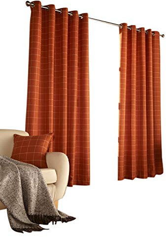 furn. Ellis Windowpane Check Eyelet Curtain Pair - Burnt Orange - 229x137cm
