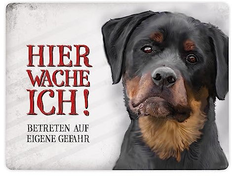 Metallschild XL mit Rottweiler Motiv und Spruch: Betreten auf eigene Gefahr - Hier wache ich!