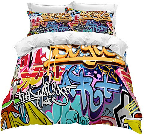Timiany Bettwäsche Set Graffiti ? Coole Bunte Jugendliche Bettbezug 135x200cm Street Art Hip Hop Bequem Microfaser Bettbezüge+2 Kissenbezüge 50x75cm (Hip Hop,135x200+50x75)