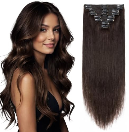 Elailite Clip in Hair Extensions Real Human Hair Double Weft Thick Remy Natural Hair - 8 Pieces Full Head Straight - #2 Dark Brown - 24 Inch (170 g)