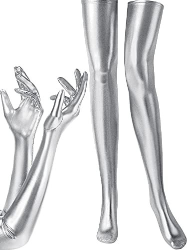 SATINIOR Damen-Handschuhe und -Strümpfe, Karneval, Halloween, Kostüm, Elastisch, Elastan, Glänzend, Lange Handschuhe und Oberschenkel Hohe Strümpfe, silber, Einheitsgröße