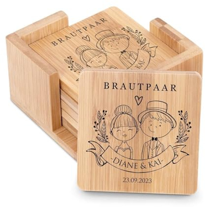 Maverton 6er Untersetzer Set mit Aufdruck, aus Bambus, Naturfarbe | Personalisiert, mit Halter, Geschenke für Paare, Hochzeitsgeschenke, Geschenkidee für Duos