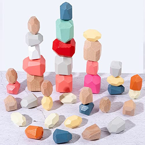 VACSTO Holz-Balance-Stein-Stapelspielzeug, 36 Montessori-Holzspielzeuge, farbige Meditations-Balance-Steine, Sortier- und Stapelspielzeug, ab 3 Jahren