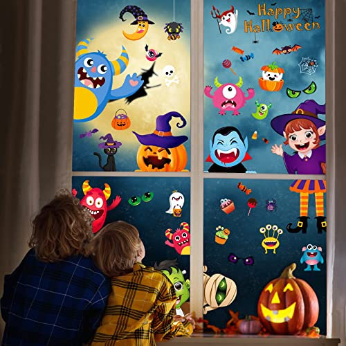 Xnova Pegatinas de Ventana de Halloween Doble Cara Pegatinas de Halloween Decoración Adherencia Estática Calcomanías 10 Hojas Linda Bruja Monstruo Reutilizables DIY para Hogar Tienda y Escuela