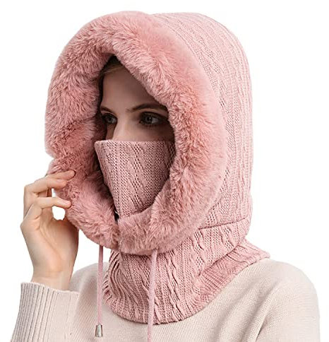 JFAN Cagoule Femme Hiver avec Doublure Molleton éPais Chaud Bonnet Femme Hiver Chaud éCharpe pour l'hiver Cyclisme Ski Bonnet Cache Cou Femme,Rose Taille Unique