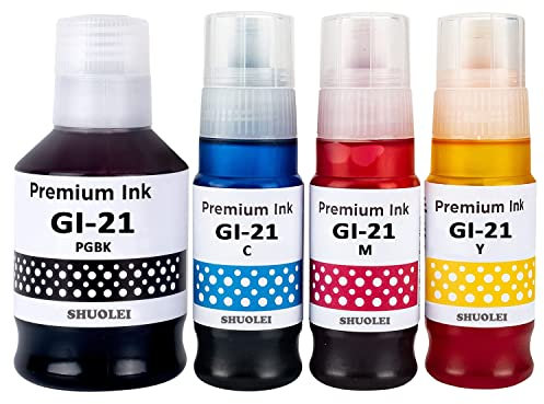 SHUOLEI Lot de 4 bouteilles d'encre compatibles GI21 GI-21 compatibles avec Canon GI21 GI-21 Fonctionne pour imprimantes Canon Pixma G3270 G3260 G2260 G1220 G1230 G2270 G4270 Noir Cyan Magenta Jaune