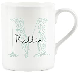 Purely Home Floral Green Letter M Mug - Small Custom Bone China Coffee Tea Mug Present Personalised Initial Gift