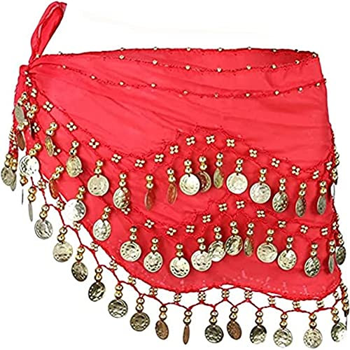 Damen Bauchtanz Gürtel, Chiffon Hüfttuch, Tanztuch mit Münzen für Bauchtanz,Rot