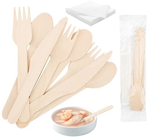 HAKZEON 400 PCS Disposable Wooden Cutlery Set, 100 Wood Forks 100 Spoons 100 Knives 100 Napkins, Natural Birch Wood Utensils Cutlery Bulk for Party, Camping, BBQ, Food Service, Individually Wrapped