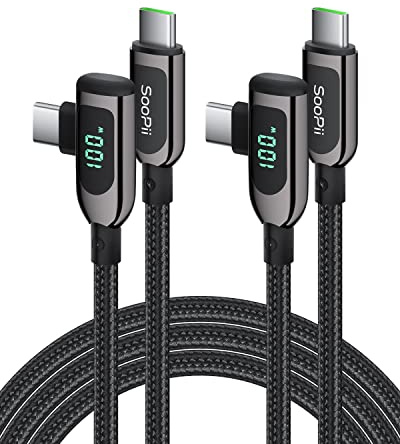 SOOPII 100W Right Angle USB C to USB C Cable,2Pack 4FT Zinc Alloy Braided Type-C Cable with LED Display for lphone 15, lPad Air/Pro,MacBook Pro,Galaxy S23/S22/S10,Pixel,LG(1.2m,black)