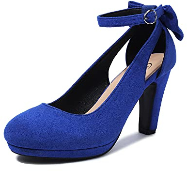 elerhythm Escarpins Mary Jane à Talons avec Nœud Rétro Bout Rond Fermé en Daim à Bride de Cheville Chaussures Vintage (Bleu Royal EU37)