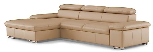CAVADORE Echtleder-Eckcouch Valerie mit XL-Longchair / Ecksofa mit Kopfteilverstellung, großem Longchair + Metallfüßen / 286 x 73 x 174 / Leder Beige