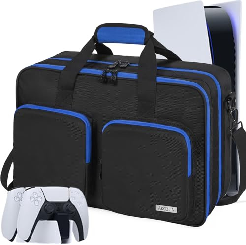 IPEB Tasche für PS5 / PS5 Pro / PS4, volle Schutz Konsolentasche mit unterteilbaren Fächern, geeignet für PS5 Controller, Gaming-Headset und weiteres Zubehör(Schwarz Blau)