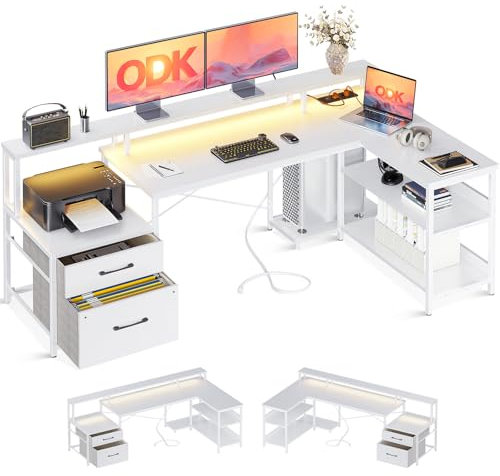 ODK Bureau d’Angle en L avec Rangement et Tiroirs, 172.5×100cm Grand Bureau Gaming Réversible avec LED, Prise de USB et Prises Courant, Table Informatique pour Chambre ou Coin Travail, Blanc