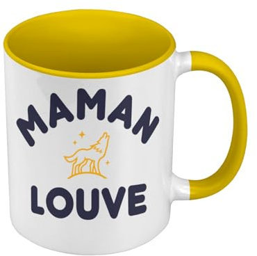 Mug de Couleur Qualité Premium Jaune - Maman Louve Famille Mignon Animal - Tasse avec anse et intérieur de couleur