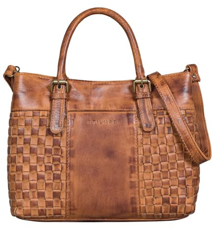 STILORD 'Daniela' Modische Handtasche Leder Damen mit Flecht-Optik Henkeltasche Vintage Umhängetasche für Freizeit Shopping Ledertasche Frauen Echtleder, Farbe:larino - braun