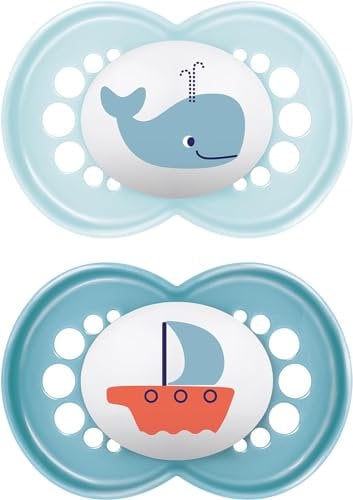 MAM Original Soothers | 18-36 Months | Pack of 2 | Comes in Dummy Steriliser Box | Sustainable Materials | Baby Accessories | Blue (Various Designs)