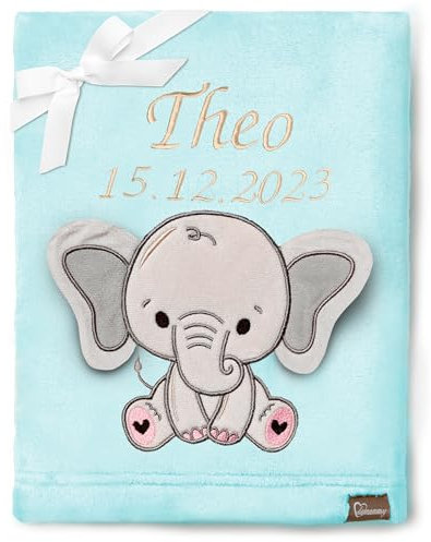 Be Mammy Personalisierte Babydecke mit 3D Applikation Warme Kuscheldecke mit Namen und Geburtsdatum; Perfektes Baby Geschenk; Blanket; Krabbeldecke BE20-280 (Puderblau - Elefant)