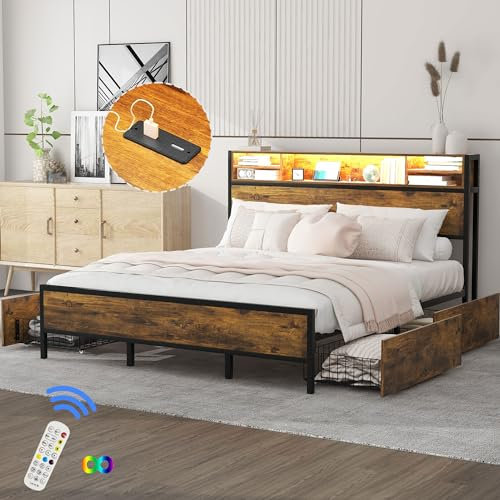 DuraB Metallbett 180x200 cm Holzbett Doppelbett,LED-Bett mit USB-Ladeanschluss,4 Schubladen mit Metall Lattenrost und mit Stauraum-Kopfteil Ehebett Gästebett Erwachsene, Kinder