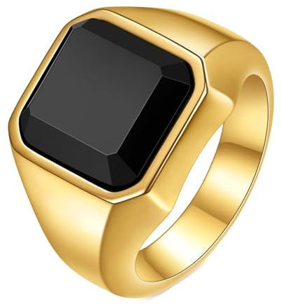 Beydodo Ringe Edelstahl Gold, Herren Ring Personalisiert 13MM Siegelring mit Schwarz Stein Freundschaftsringe Männer Ringe Nickelfrei Gr.52 (16.6)