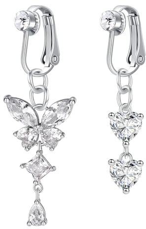 NIUSIMAN Chirurgischer Fake Bauchnabelpiercing Klar CZ Bauchnabel Piercing Faux Clip auf Bauch Ringe 2 Stück Schmetterling Herz baumeln Bauchnabel Piercing Schmuck Nicht Piercing Bauchschmuck