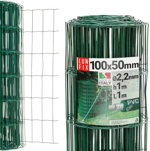 Maschendrahtzaun - verzinkter Stahl Grün PVC-beschichtet, 100 x 50 mm, Ø 2.2 mm, 100 cm x 1 m, Gartenzaun Hundezaun Wildzaun Hühnerzaun Drahtgitter Zaun Schweißgitter, Lun Fix