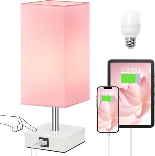 Aooshine Touch Table Lamp, Pink Bedside Lamps with 3 Way Dimmable, Small Bedside Lamp with USB C+A Charging Ports, Bedroom Lamps for Bedroom Living Room with Pink Fabric Shade (LED Bulb Included)