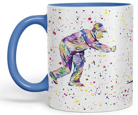 Vixar Crown Green Bowling Bowler Male Watercolour Ceramic Coloured Mug Cup for Tea Coffee Hot Brew 330ml 11Oz Gift (C Blue)