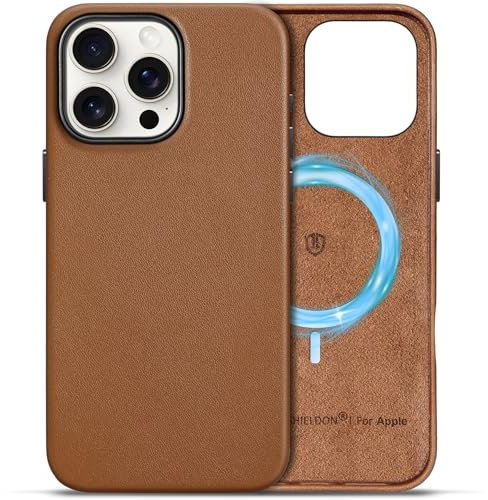 SHIELDON Case for iPhone 16 Pro Max, Genuine Leather Shockproof Slim Phone Case[Wireless Charging][Non-Slip][Metal Buttons] Protective Magnetic Cover Compatible with iPhone 16 Pro Max - Saddle Brown
