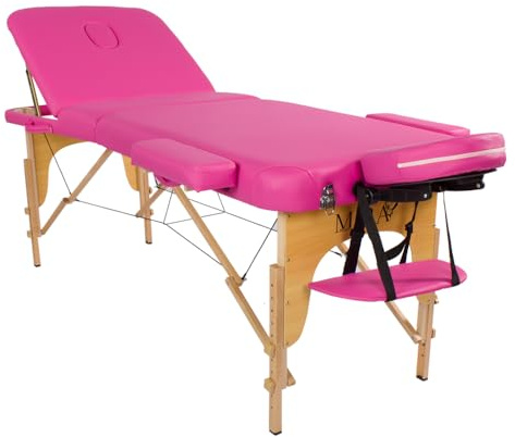 Mira Lettino da massaggio 3 zone, Relax, Lettini per massaggi in legno portatile, richiudible, con pannello reiki angoli rinforzati per fisioterapia tatuaggi estetica (Rosa)