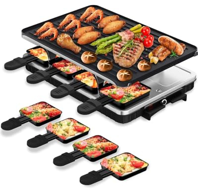 HBN - Parrilla eléctrica Raclette con 8 bandejas de calentamiento, parrilla coreana 2 en 1 y plancha eléctrica antiadherente, control de temperatura ajustable, 1300 W, ideal para reuniones familiares