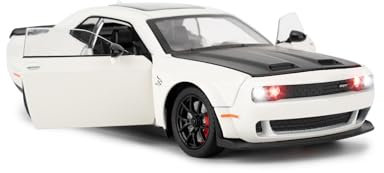 1/24 Dodge Challenger SRT Hellcat Auto Modell, Sammlerstück Diecast Modell Auto mit Lichtern und Geräuschen, Pull Back Auto Spielzeug für Erwachsene Kinder Geburtstag Geschenke Dekoration (weiß)