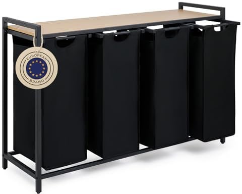 Blumtal panier a linge 4 compartiment - meuble de salle de bain avec effet bambou - panier a linge 4 sections - étagère en métal - bac deux sections avec cadre métallique sur pieds - couleur noir