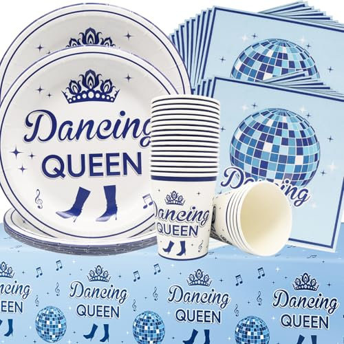Doyomtoy Dancing Queen Partygeschirr,61Stück Königin Partygeschirr Set Teller,Becher,Servietten,Tischtücher Geeignet,Geburtstag für Mädchengeburtstagsparty Disco Partydekoration 20 Gäste