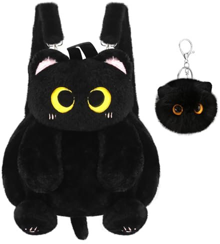 NVGVUP Plüsch Katze Rucksack, Damen Plüschtier Schwarze Katze Rucksack mit Katze Plüsch Anhänger, Plüsch Schultasche in Katzenform für Handy Snack Kosmetik