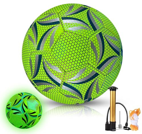 VOHESEA Leuchtender Fußball Größe 5 - Fußball Leuchtend im Dunkeln, Reflektierender Fußball, Fussball Leuchtend mit Pumpe Luftnadel Seil, Leder Fußball für Fußballtraining Nachtspiele