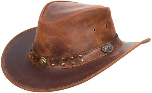 Driftwood Pioneer – Formbarer Western Hut für Outdoor, Bushcraft & Festivals | Vintage Echtleder mit Patina, Lederhut Frauen, Lederhut Männer (DE/NL/SE/PL, Alphanumerisch, M, Braun)