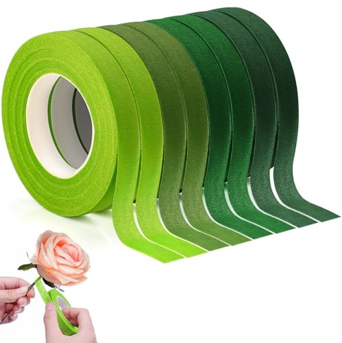 XRXYMQ 8 Stück Floristenband 216m Floristenkrepp 4 Grün Farben Floristentape 12mm Floral Tape Für Bouquet Selbstklebend Blumenband Für Blumenstrauß Stiel Verpacken Und DIY Kunsthandwerk (27m/Bände)