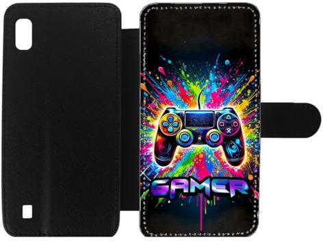 FunKaz Etui Cuir pour Samsung Galaxy A10 - Gamer Manette de Jeu Fond Multicolore - Housse Fermeture magnétique